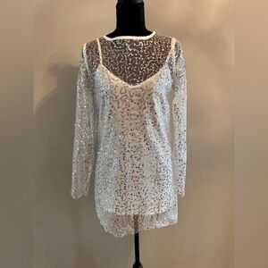 Long Sleeve Sequin Mesh Dress in White